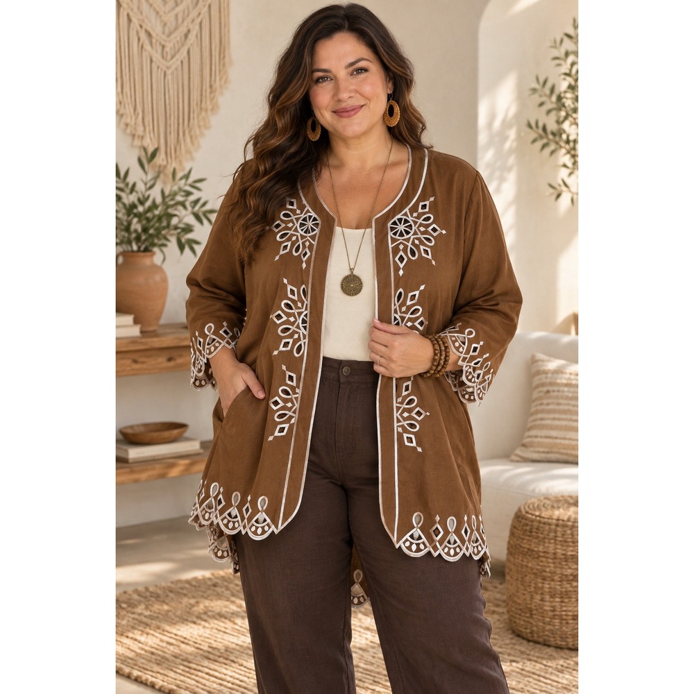 Bob Mackie Women XL Jacket Brown Embroidered Linen Blend Wearable Art Boho